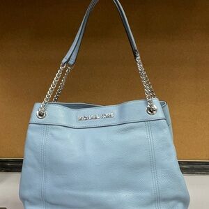 Michael Kors ,The Michael Lg Jet Set Powder Blue Leather Tote with Silver chain